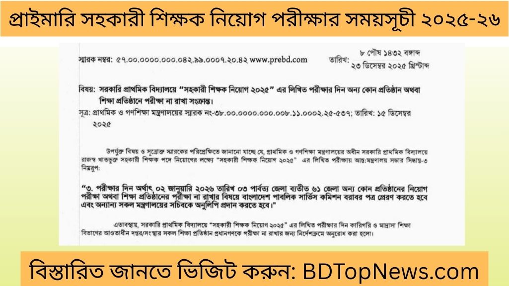 সরকারি প্রাথমিক বিদ্যালয় সহকারী শিক্ষক নিয়োগ ২০২৫ পরীক্ষার তারিখ ও জরুরি নির্দেশনা