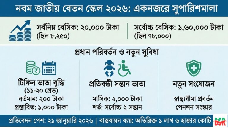 নবম জাতীয় বেতন স্কেল ২০২৬ সর্বনিম্ন ২০ হাজার, সর্বোচ্চ ১.৬০ লাখ টাকার সুপারিশ পেশ