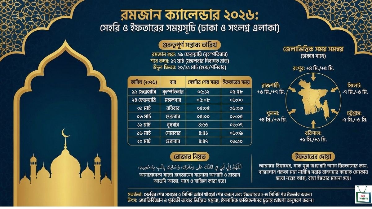 রমজান ক্যালেন্ডার ২০২৬ সেহরি ও ইফতারের সময়সূচি