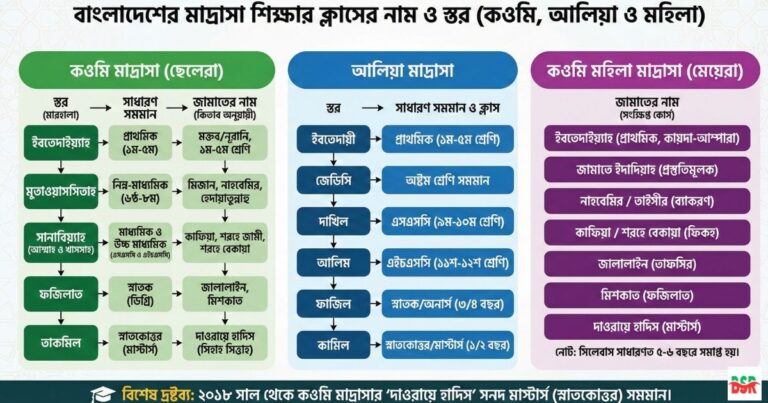 কওমি, আলিয়া ও মহিলা মাদ্রাসার ক্লাসের নাম, বিভাগ ও সিলেবাস