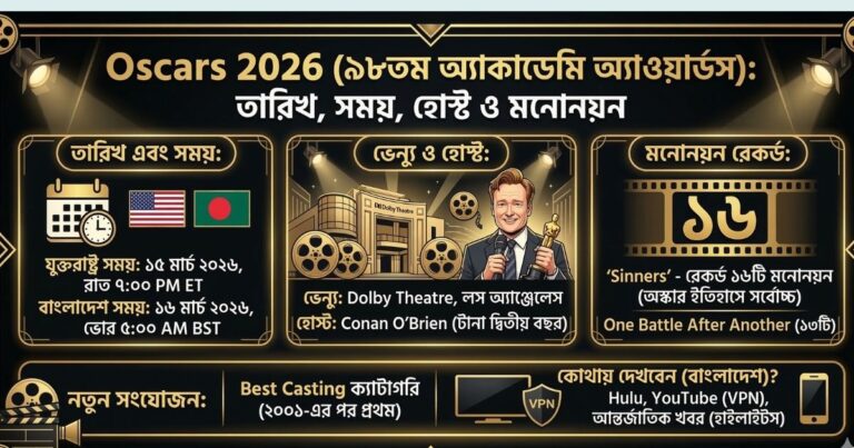 Oscars 2026 (Academy Awards 2026) তারিখ, সময়, হোস্ট ও মনোনয়ন