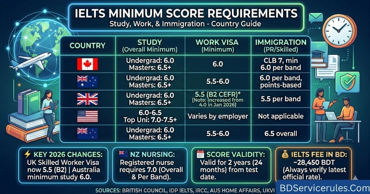 কোন দেশে কত IELTS স্কোর লাগে