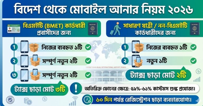 বিদেশ থেকে মোবাইল আনার নিয়ম ২০২৬ ট্যাক্স ছাড়া কয়টি ফোন আনা যাবে